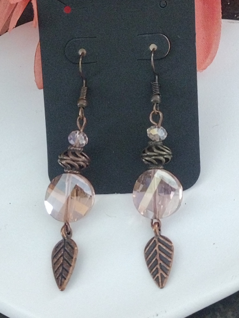 Vintage-Style Pink Crystal Leaf Drop Earrings